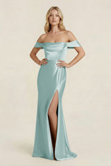 Off - the - Shoulder Sheath Satin Bridesmaid Dress with Slit in Sage - KissProm Bridesmaid Dresses