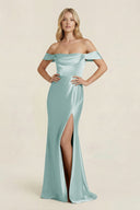 Off - the - Shoulder Sheath Satin Bridesmaid Dress with Slit in Sage - KissProm Bridesmaid Dresses