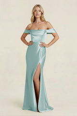 Off - the - Shoulder Sheath Satin Bridesmaid Dress with Slit in Sage - KissProm Bridesmaid Dresses