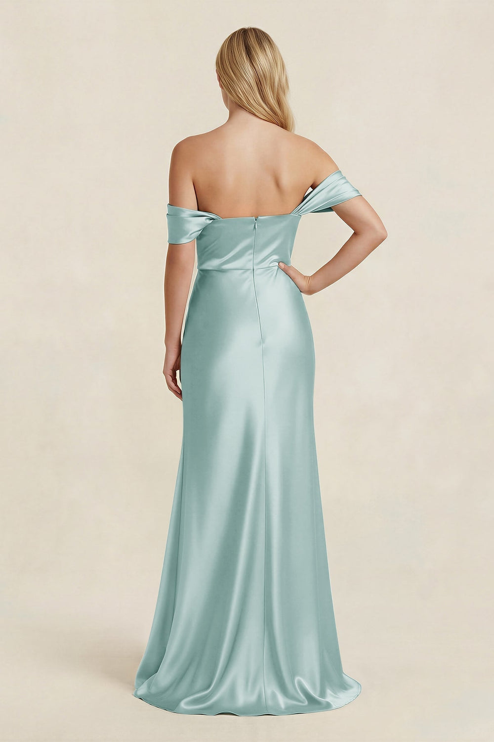Off - the - Shoulder Sheath Satin Bridesmaid Dress with Slit in Sage - KissProm Bridesmaid Dresses