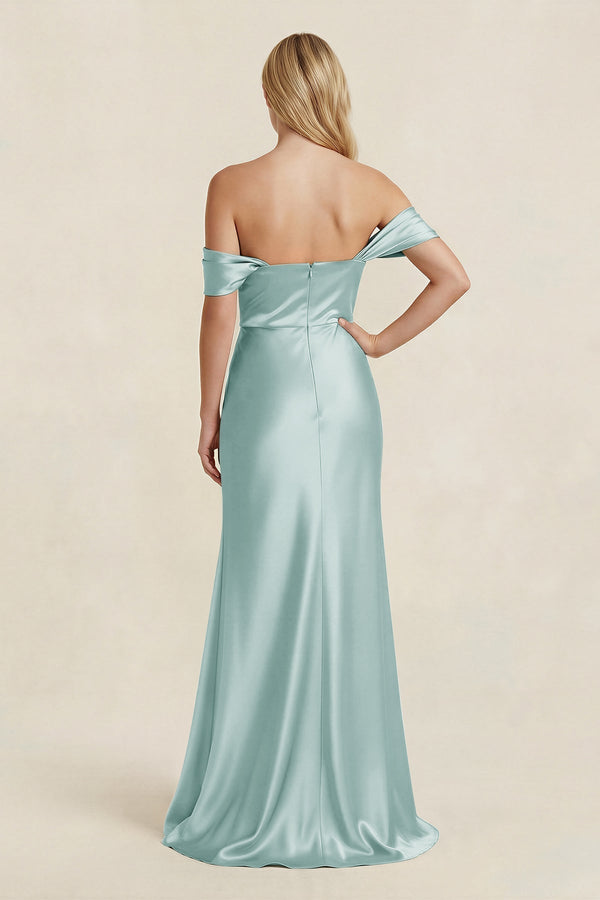 Off - the - Shoulder Sheath Satin Bridesmaid Dress with Slit in Sage - KissProm Bridesmaid Dresses
