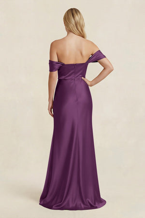 KissProm | Off-the-Shoulder Sheath Satin Bridesmaid Dress with Slit in Sangria KissProm | Off-the-Shoulder Sheath Satin Bridesmaid Dress with Slit in Sangria