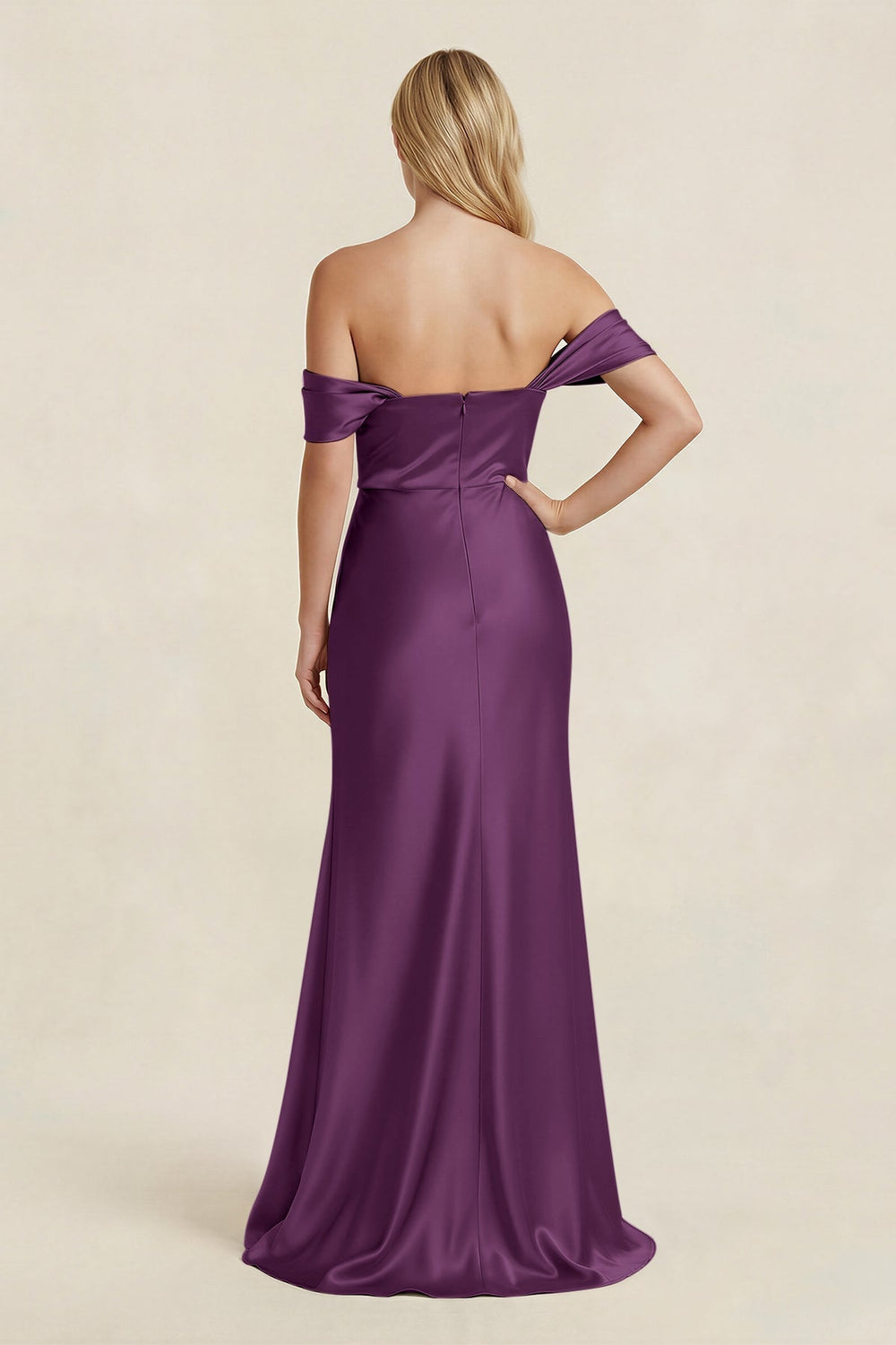 Off - the - Shoulder Sheath Satin Bridesmaid Dress with Slit in Sangria - KissProm Bridesmaid Dresses