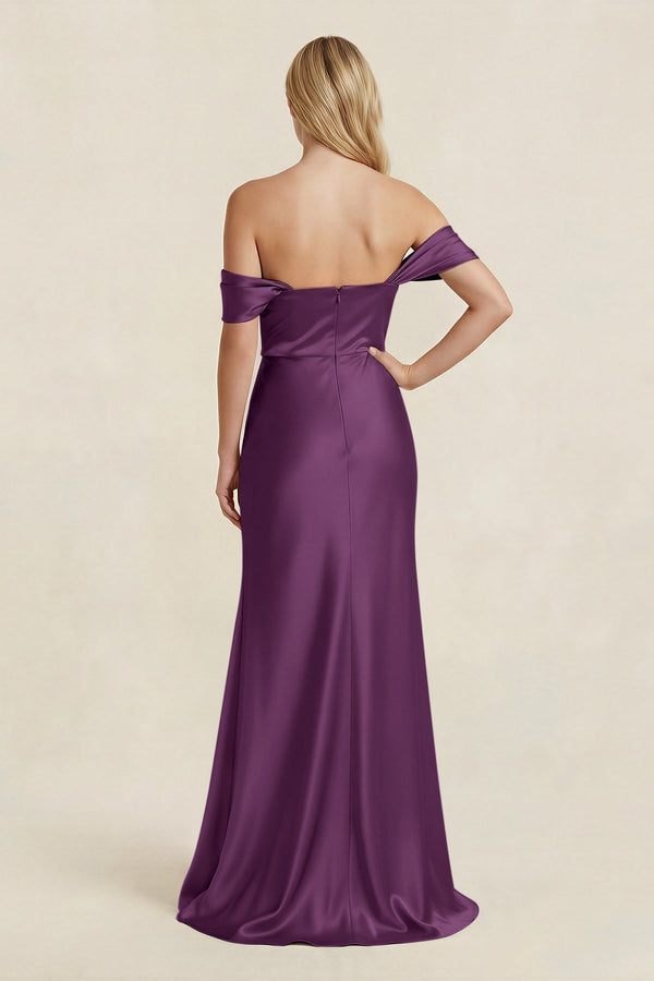Off - the - Shoulder Sheath Satin Bridesmaid Dress with Slit in Sangria - KissProm Bridesmaid Dresses