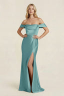Off - the - Shoulder Sheath Satin Bridesmaid Dress with Slit in Sea Glass - KissProm Bridesmaid Dresses