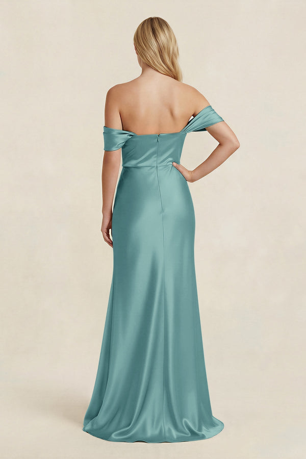 Off - the - Shoulder Sheath Satin Bridesmaid Dress with Slit in Sea Glass - KissProm Bridesmaid Dresses