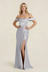 Off - the - Shoulder Sheath Satin Bridesmaid Dress with Slit in Silver - KissProm Bridesmaid Dresses
