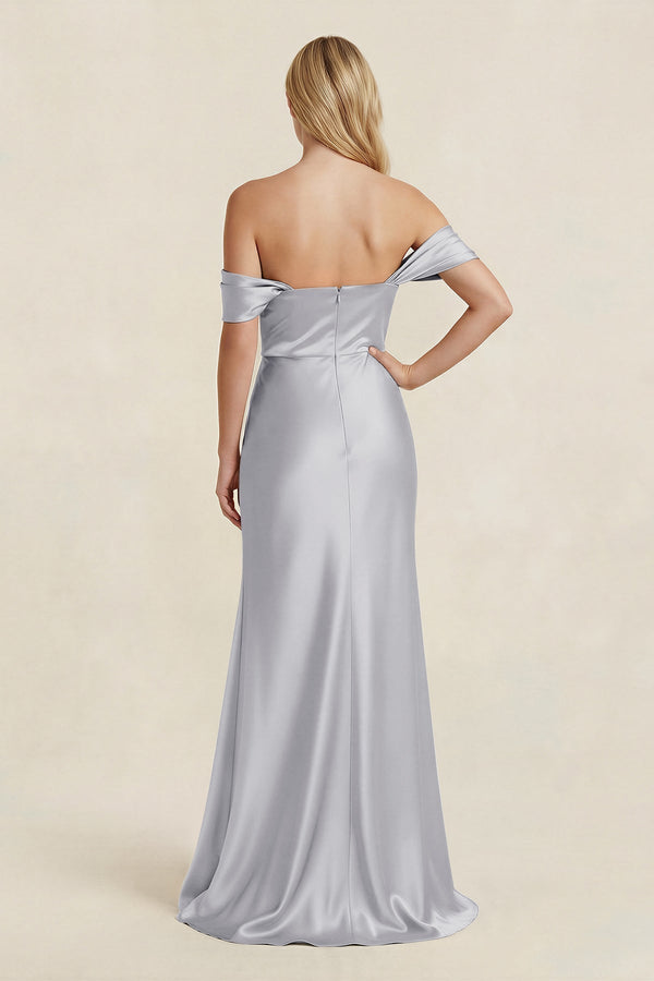 Off - the - Shoulder Sheath Satin Bridesmaid Dress with Slit in Silver - KissProm Bridesmaid Dresses