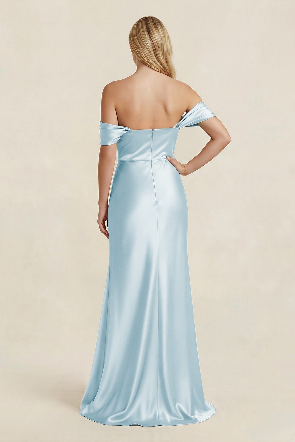 Off - the - Shoulder Sheath Satin Bridesmaid Dress with Slit in Sky Blue - KissProm Bridesmaid Dresses