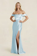 Off - the - Shoulder Sheath Satin Bridesmaid Dress with Slit in Sky Blue - KissProm Bridesmaid Dresses