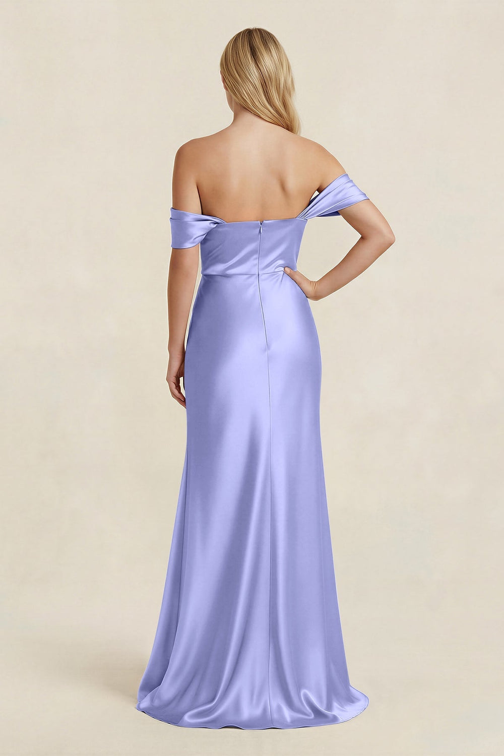 Off - the - Shoulder Sheath Satin Bridesmaid Dress with Slit in Steel Blue - KissProm Bridesmaid Dresses