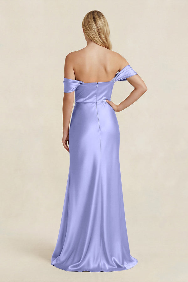 Off - the - Shoulder Sheath Satin Bridesmaid Dress with Slit in Steel Blue - KissProm Bridesmaid Dresses