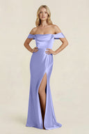 Off - the - Shoulder Sheath Satin Bridesmaid Dress with Slit in Steel Blue - KissProm Bridesmaid Dresses