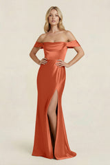 Off - the - Shoulder Sheath Satin Bridesmaid Dress with Slit in Terracotta - KissProm Bridesmaid Dresses