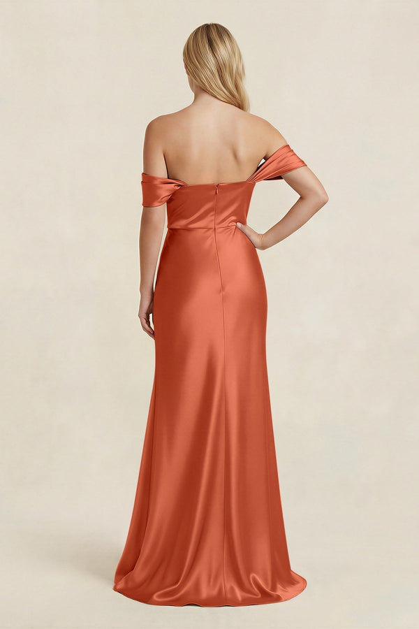 Off - the - Shoulder Sheath Satin Bridesmaid Dress with Slit in Terracotta - KissProm Bridesmaid Dresses