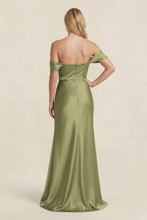 Off - the - Shoulder Sheath Satin Bridesmaid Dress with Slit in Thyme - KissProm Bridesmaid Dresses