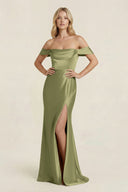 Off - the - Shoulder Sheath Satin Bridesmaid Dress with Slit in Thyme - KissProm Bridesmaid Dresses
