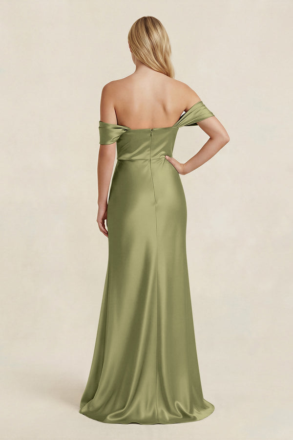 Off - the - Shoulder Sheath Satin Bridesmaid Dress with Slit in Thyme - KissProm Bridesmaid Dresses