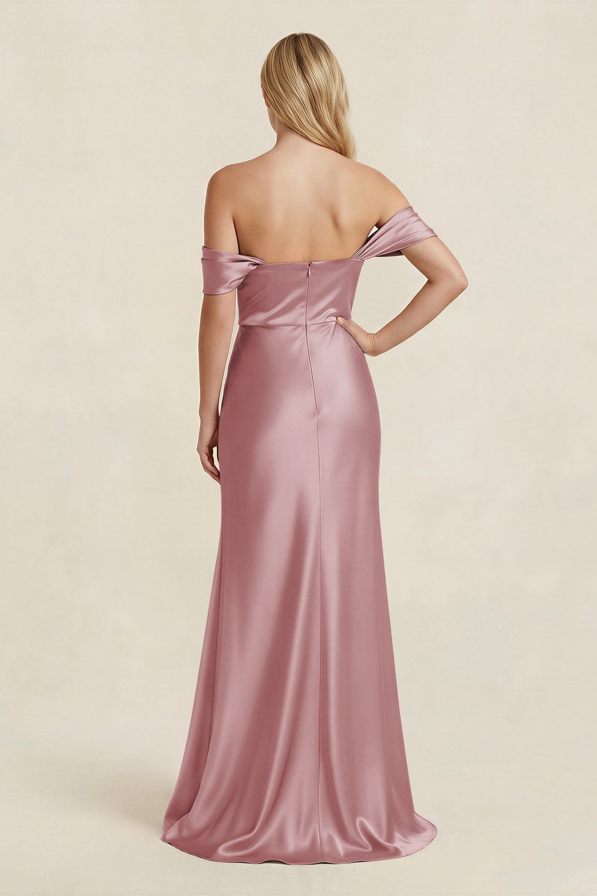 KissProm Off-the-Shoulder Sheath Satin Bridesmaid Dress with Slit in Toffee, Toffee / 12