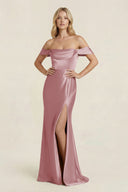Off - the - Shoulder Sheath Satin Bridesmaid Dress with Slit in Toffee - KissProm Bridesmaid Dresses