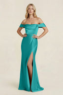 Off - the - Shoulder Sheath Satin Bridesmaid Dress with Slit in Turquoise - KissProm Bridesmaid Dresses