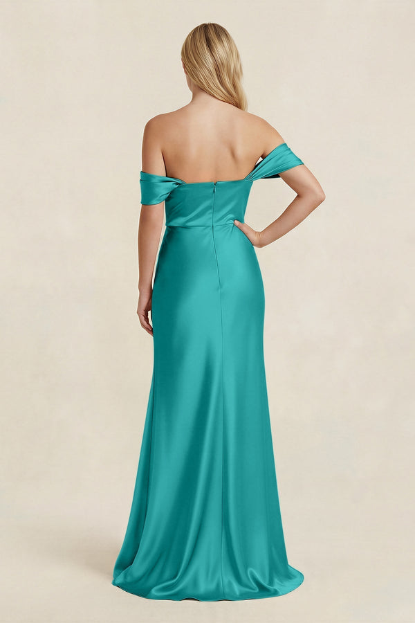Off - the - Shoulder Sheath Satin Bridesmaid Dress with Slit in Turquoise - KissProm Bridesmaid Dresses