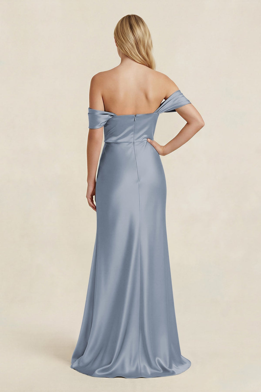 Off - the - Shoulder Sheath Satin Bridesmaid Dress with Slit in Twilight - KissProm Bridesmaid Dresses