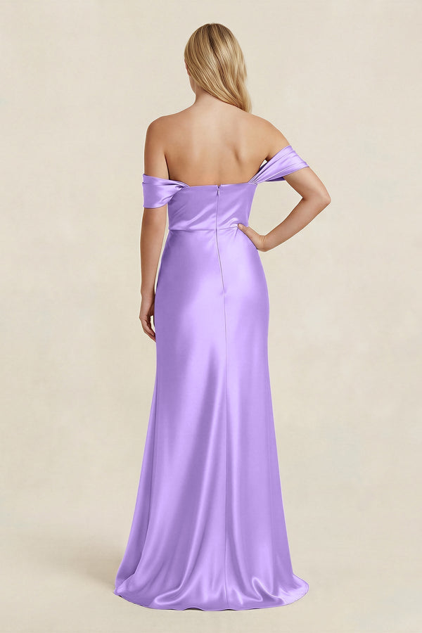 Off - the - Shoulder Sheath Satin Bridesmaid Dress with Slit in Vintage Mauve - KissProm Bridesmaid Dresses