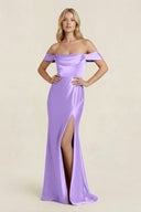 Off - the - Shoulder Sheath Satin Bridesmaid Dress with Slit in Vintage Mauve - KissProm Bridesmaid Dresses