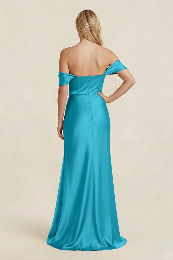 Off - the - Shoulder Sheath Satin Bridesmaid Dress with Slit in Viridian Green - KissProm Bridesmaid Dresses