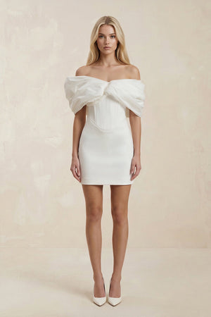 Off - the - Shoulder Sheath Satin Mini Wedding Dress in Ivory - KissProm Wedding Dresses