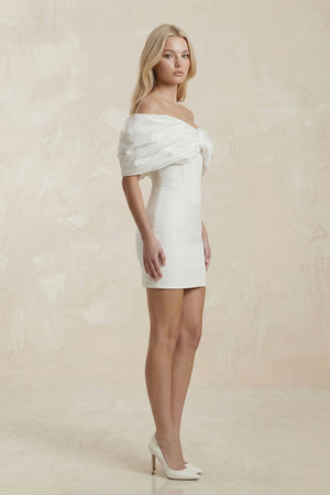 Off - the - Shoulder Sheath Satin Mini Wedding Dress in Ivory - KissProm Wedding Dresses