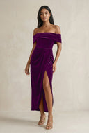 Off - the - Shoulder Sheath Velvet Midi Bridesmaid Dress in Amethyst - KissProm Bridesmaid Dresses