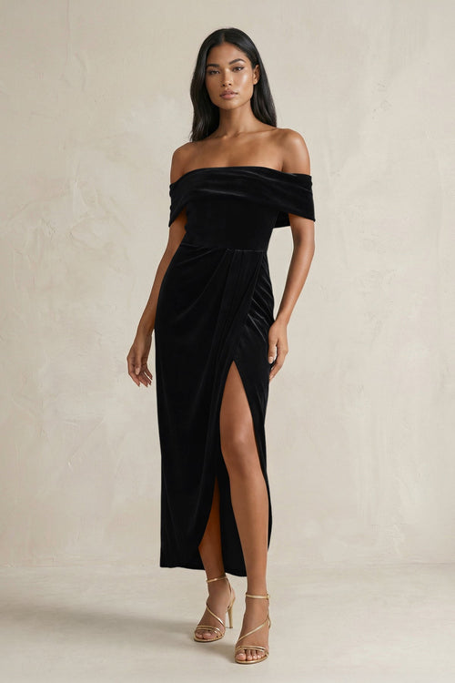 KissProm | Off-the-Shoulder Sheath Velvet Midi Bridesmaid Dress in Black KissProm | Off-the-Shoulder Sheath Velvet Midi Bridesmaid Dress in Black