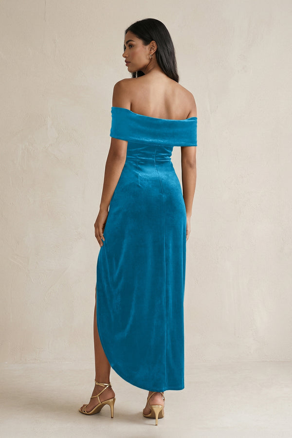 Off - the - Shoulder Sheath Velvet Midi Bridesmaid Dress in Blue Jay - KissProm Bridesmaid Dresses