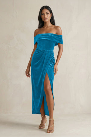 Off - the - Shoulder Sheath Velvet Midi Bridesmaid Dress in Blue Jay - KissProm Bridesmaid Dresses