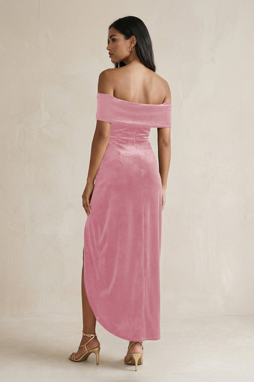 Off - the - Shoulder Sheath Velvet Midi Bridesmaid Dress in Blush Pink - KissProm Bridesmaid Dresses