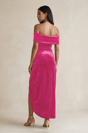 Off - the - Shoulder Sheath Velvet Midi Bridesmaid Dress in Bon Bon Pink - KissProm Bridesmaid Dresses