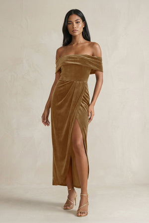 Off - the - Shoulder Sheath Velvet Midi Bridesmaid Dress in Bronzer - KissProm Bridesmaid Dresses