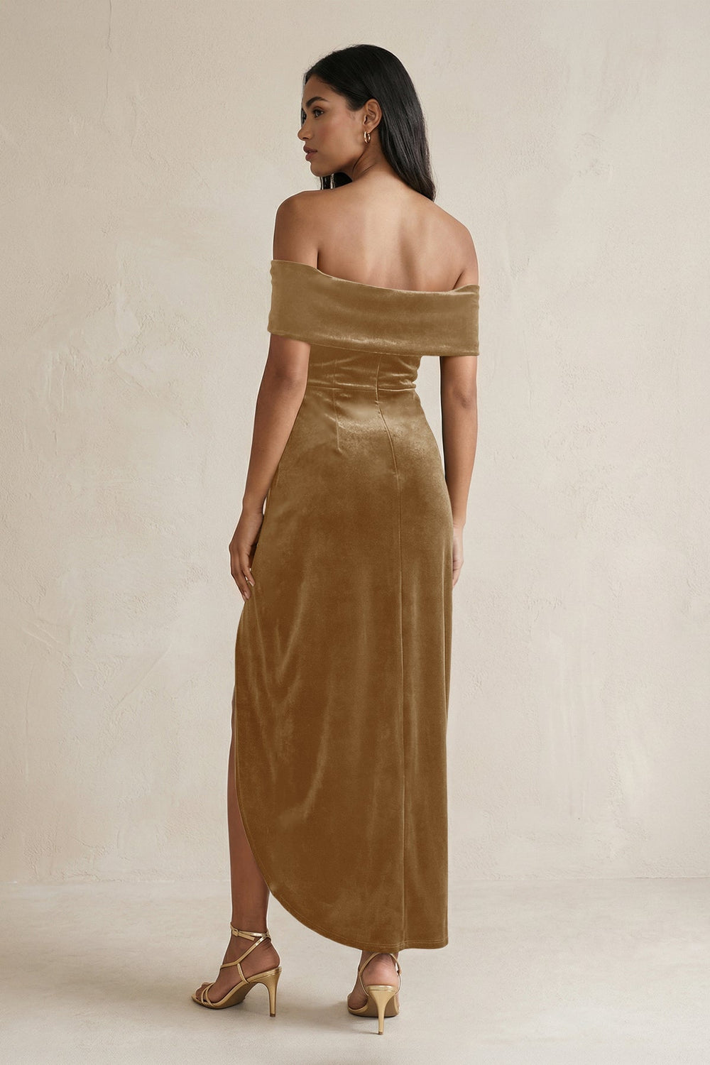 Off - the - Shoulder Sheath Velvet Midi Bridesmaid Dress in Bronzer - KissProm Bridesmaid Dresses