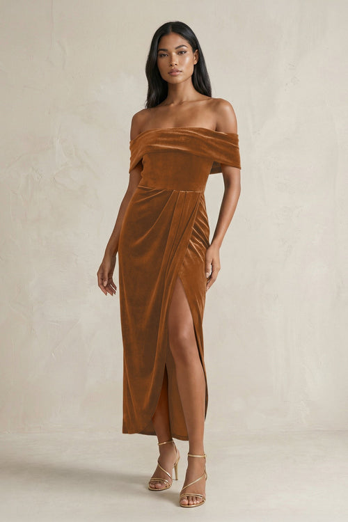 KissProm | Off-the-Shoulder Sheath Velvet Midi Bridesmaid Dress in Brown KissProm | Off-the-Shoulder Sheath Velvet Midi Bridesmaid Dress in Brown