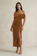Off - the - Shoulder Sheath Velvet Midi Bridesmaid Dress in Brown - KissProm Bridesmaid Dresses