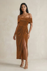 Off - the - Shoulder Sheath Velvet Midi Bridesmaid Dress in Brown - KissProm Bridesmaid Dresses