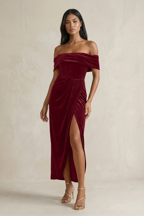 KissProm | Off-the-Shoulder Sheath Velvet Midi Bridesmaid Dress in Burgundy