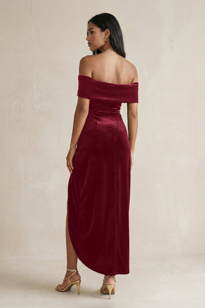Off - the - Shoulder Sheath Velvet Midi Bridesmaid Dress in Burgundy - KissProm Bridesmaid Dresses
