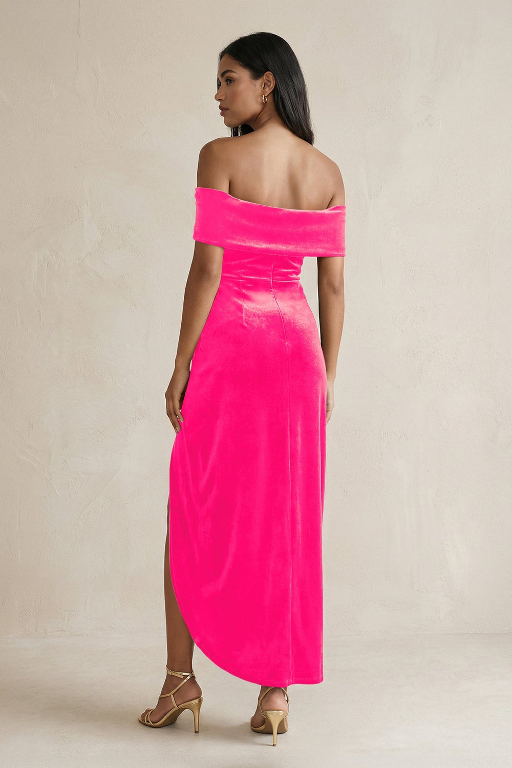 Off - the - Shoulder Sheath Velvet Midi Bridesmaid Dress in Candy Pink - KissProm Bridesmaid Dresses
