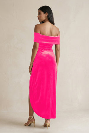 Off - the - Shoulder Sheath Velvet Midi Bridesmaid Dress in Candy Pink - KissProm Bridesmaid Dresses