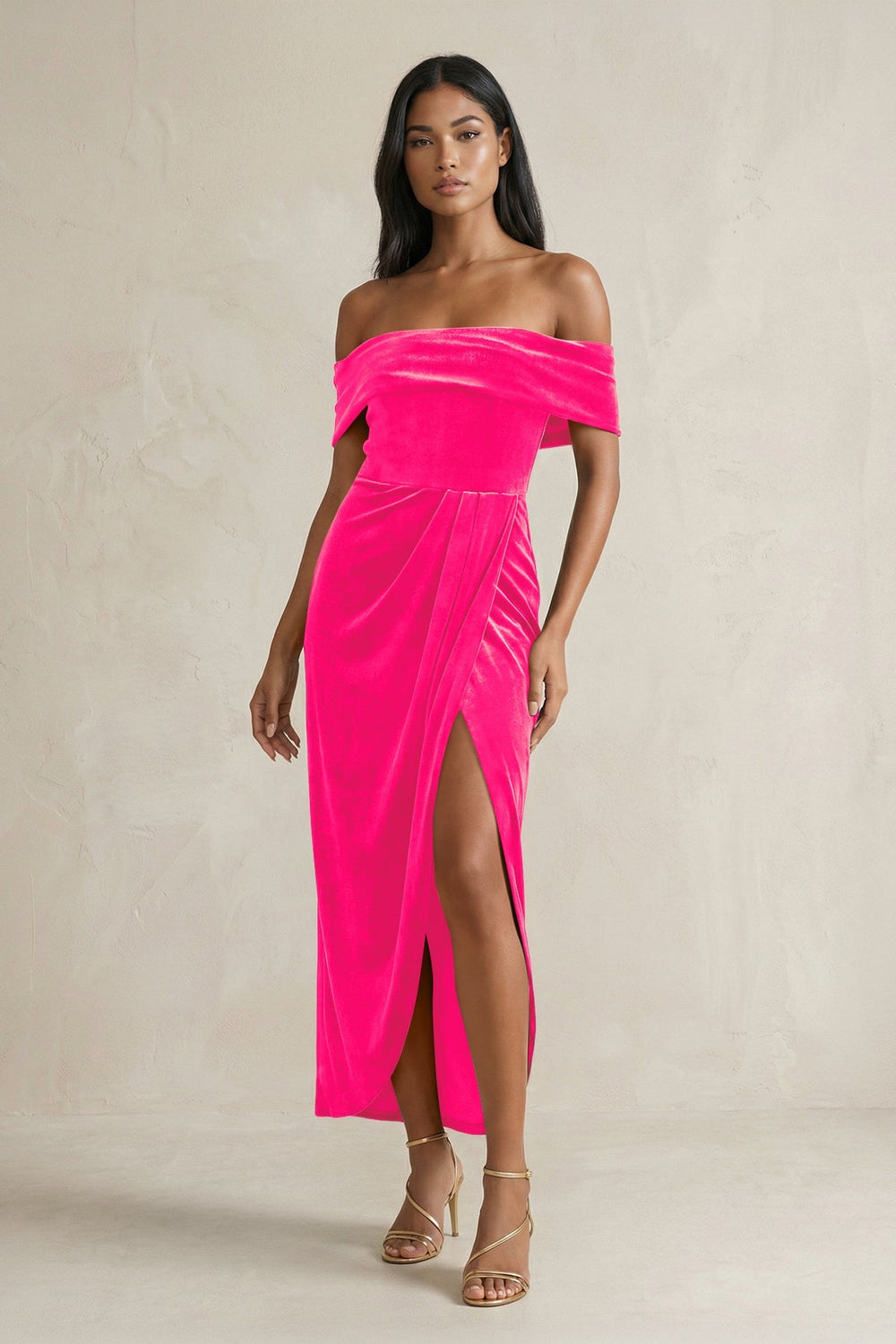Off - the - Shoulder Sheath Velvet Midi Bridesmaid Dress in Candy Pink - KissProm Bridesmaid Dresses