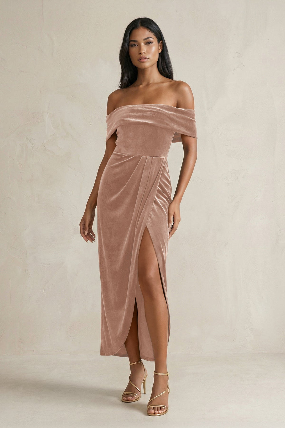 Off - the - Shoulder Sheath Velvet Midi Bridesmaid Dress in Champagne Rose - KissProm Bridesmaid Dresses