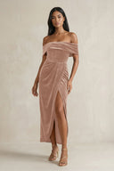 Off - the - Shoulder Sheath Velvet Midi Bridesmaid Dress in Champagne Rose - KissProm Bridesmaid Dresses